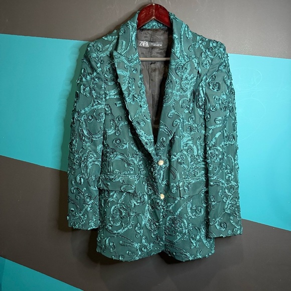 Zara Green and Gold Paisley Blazer - Picture 4 of 13